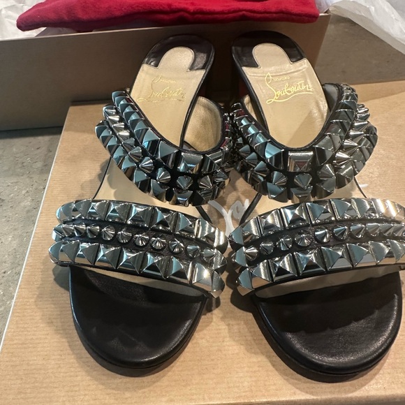 Christian Louboutin Tina Goes Mad 55 Studded Block Heel Sandals in Black Size 37